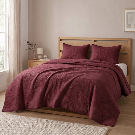 Maroon - Gilded Bloom Quilt - 3pcs BEDSPREAD Set (Light Filling) - Zaraish.com