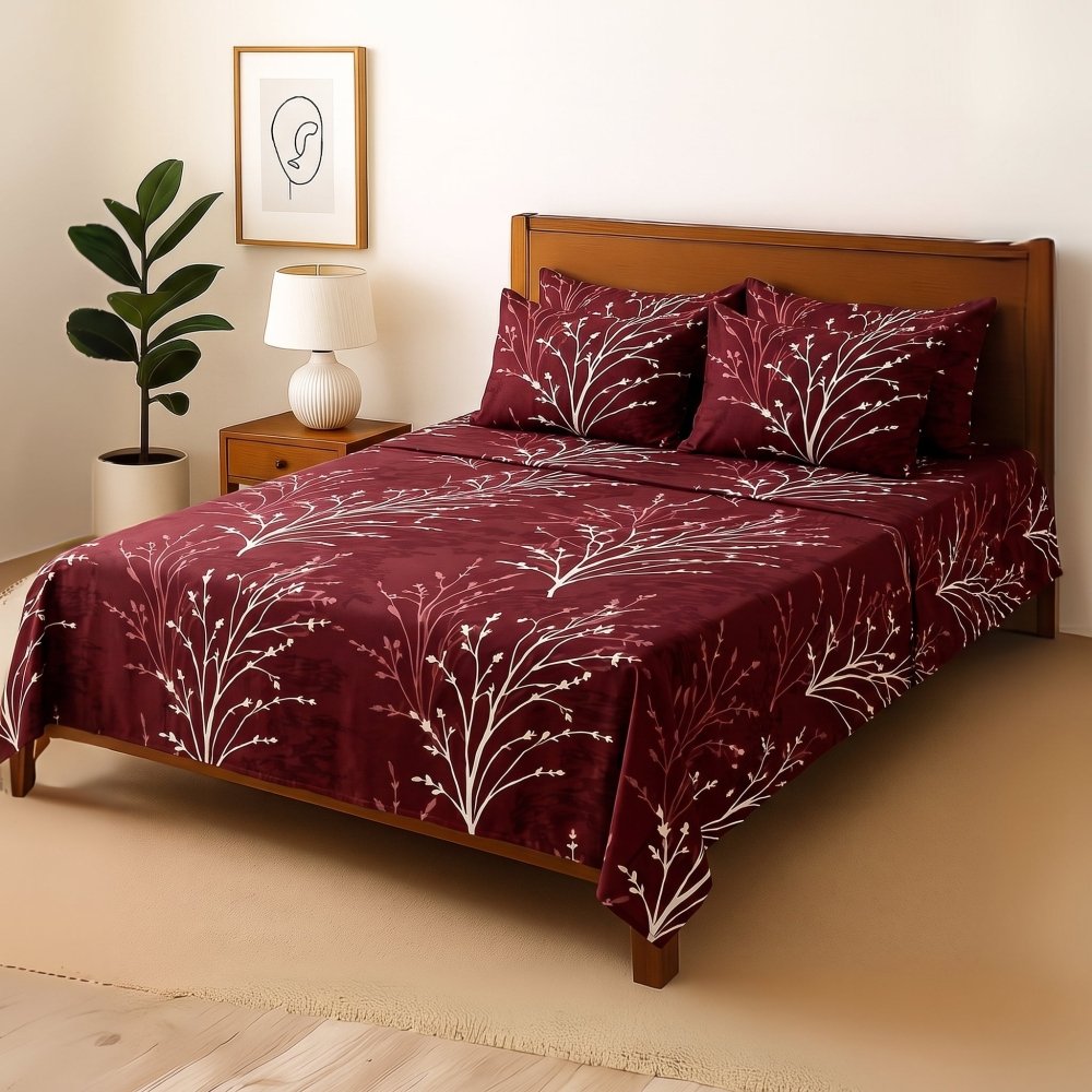Maroon Tehni - Bedsheet With 4 Pillow Covers - Zaraish.com