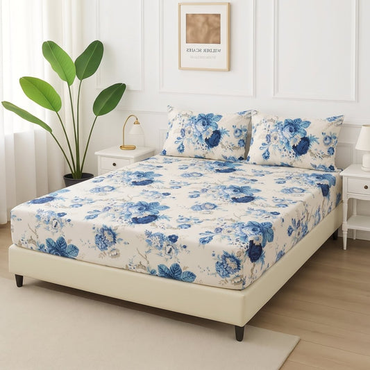 Royal Blue Botanical - Fitted Bedsheet Set - Zaraish.com