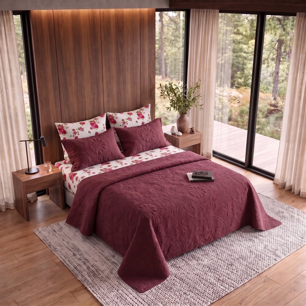 Ruby Flora Maroon Bedspread - 6 Pcs - Zaraish.com