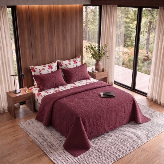 Ruby Flora Maroon Bedspread - 6 Pcs - Zaraish.com