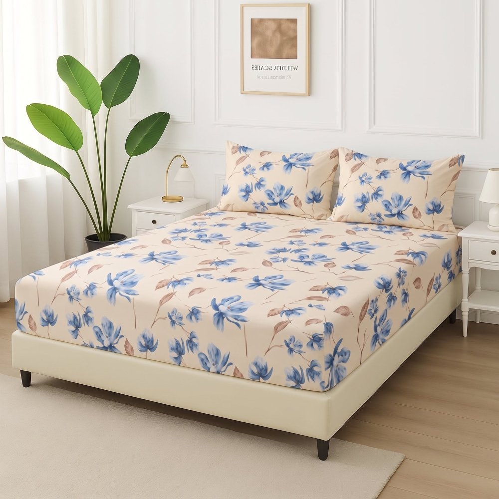Vanilla Blue Floral - Fitted Bedsheet Set - Zaraish.com