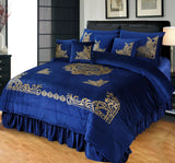 blue Tekan Emboss Velvet Bridal Bed Set With Aplic Work 9 Piece